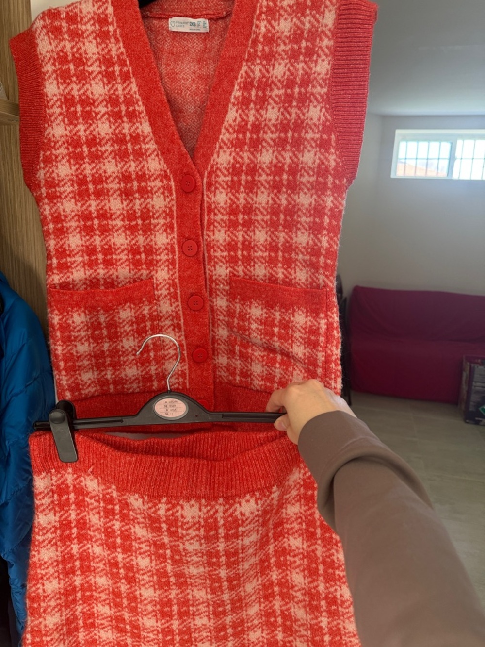 Primark Red and Cream Plaid V-Neck Button Sweater Vest and skirt